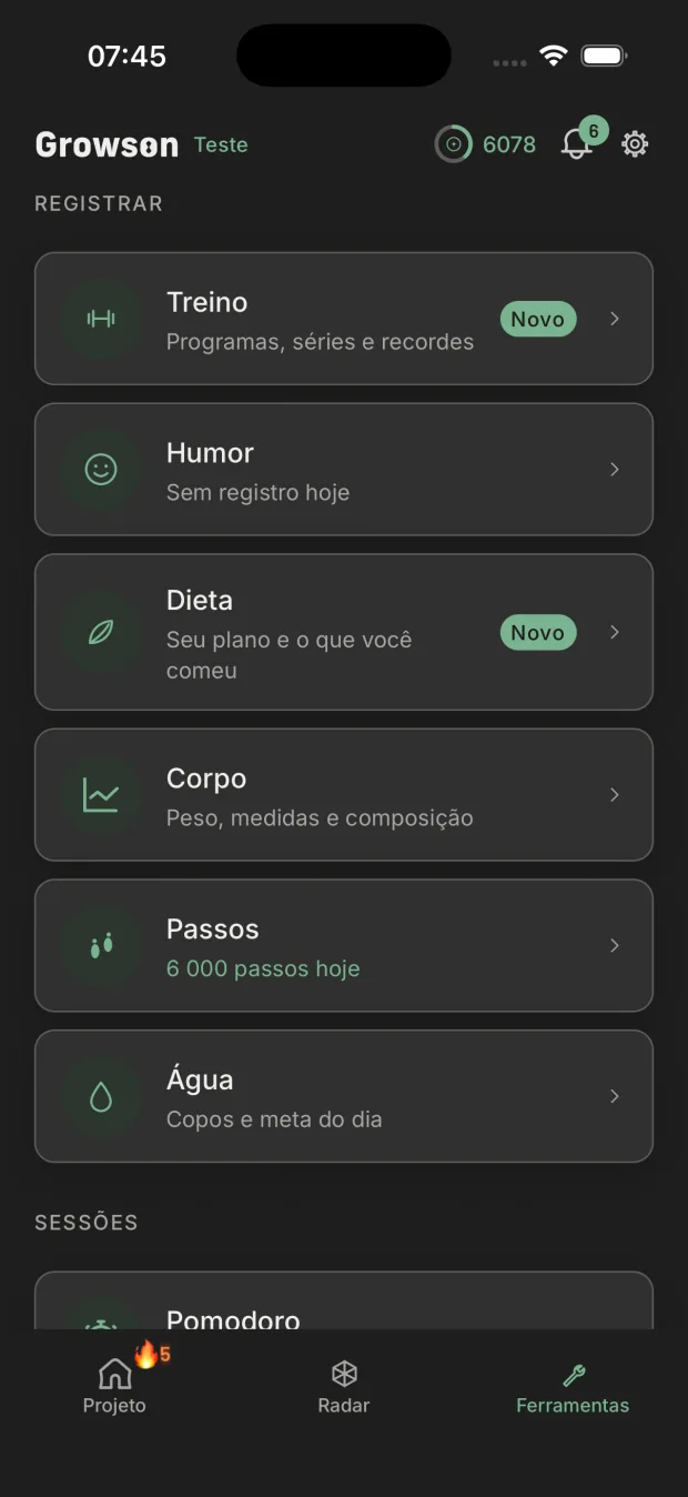 Lista de ferramentas do Growson: água, passos, meditação e outras